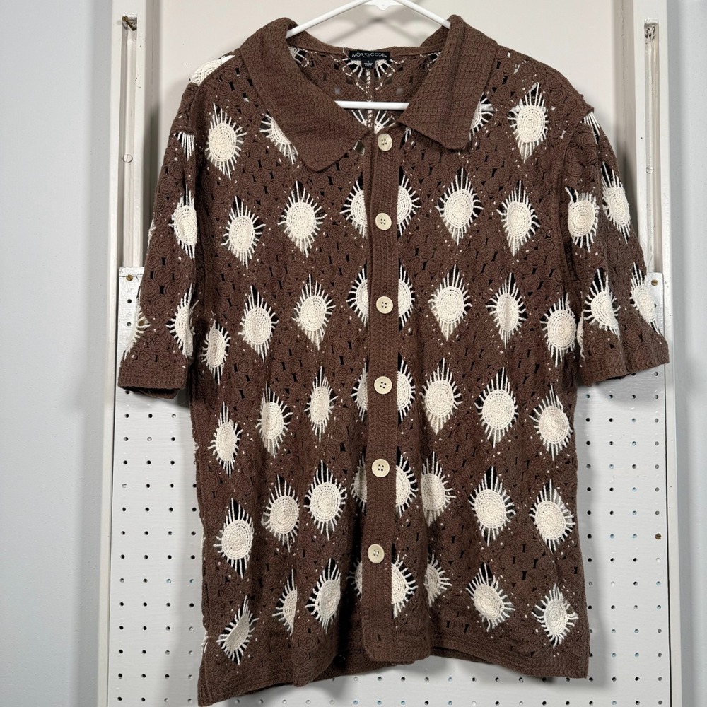 Morse Code Crochet Shirt Men's Small Brown Knit Collared Short Sleeve Classic‎